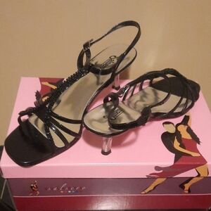 Black Beaded Slingback Heels with Clear Stiletto